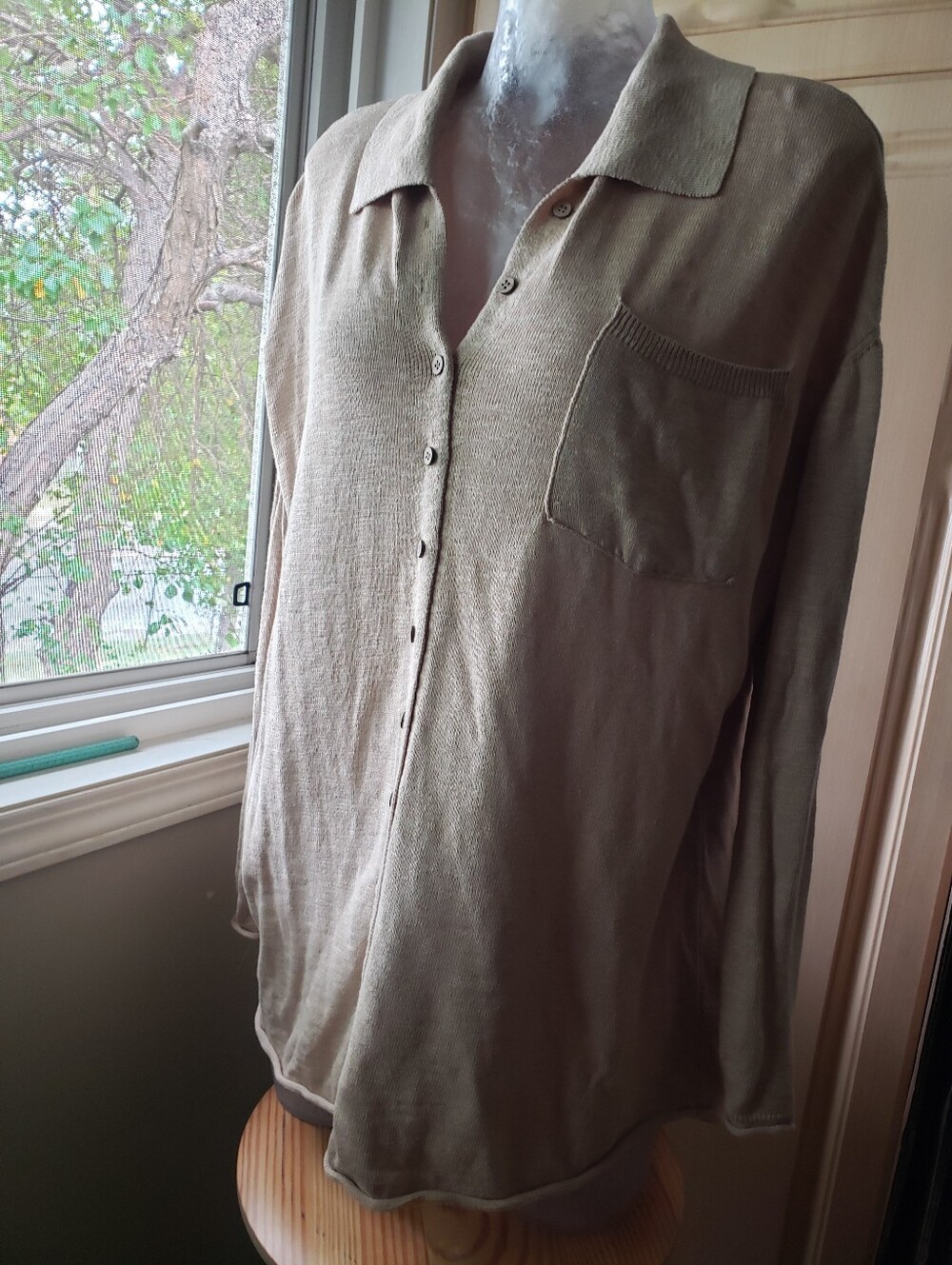 Free People Oversized Beige Button-Down Collared Women's Top